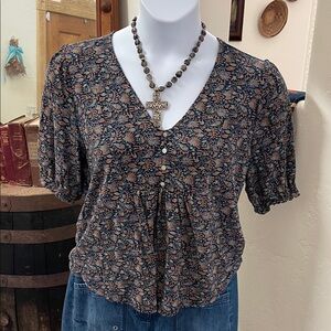 Lucky Brand Navy and Tan Floral Blouse